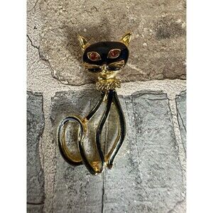 Vintage Enamel Gold Tone Cat Pin Red Rhinestone Eyes Siamese Cat Pendant MCM